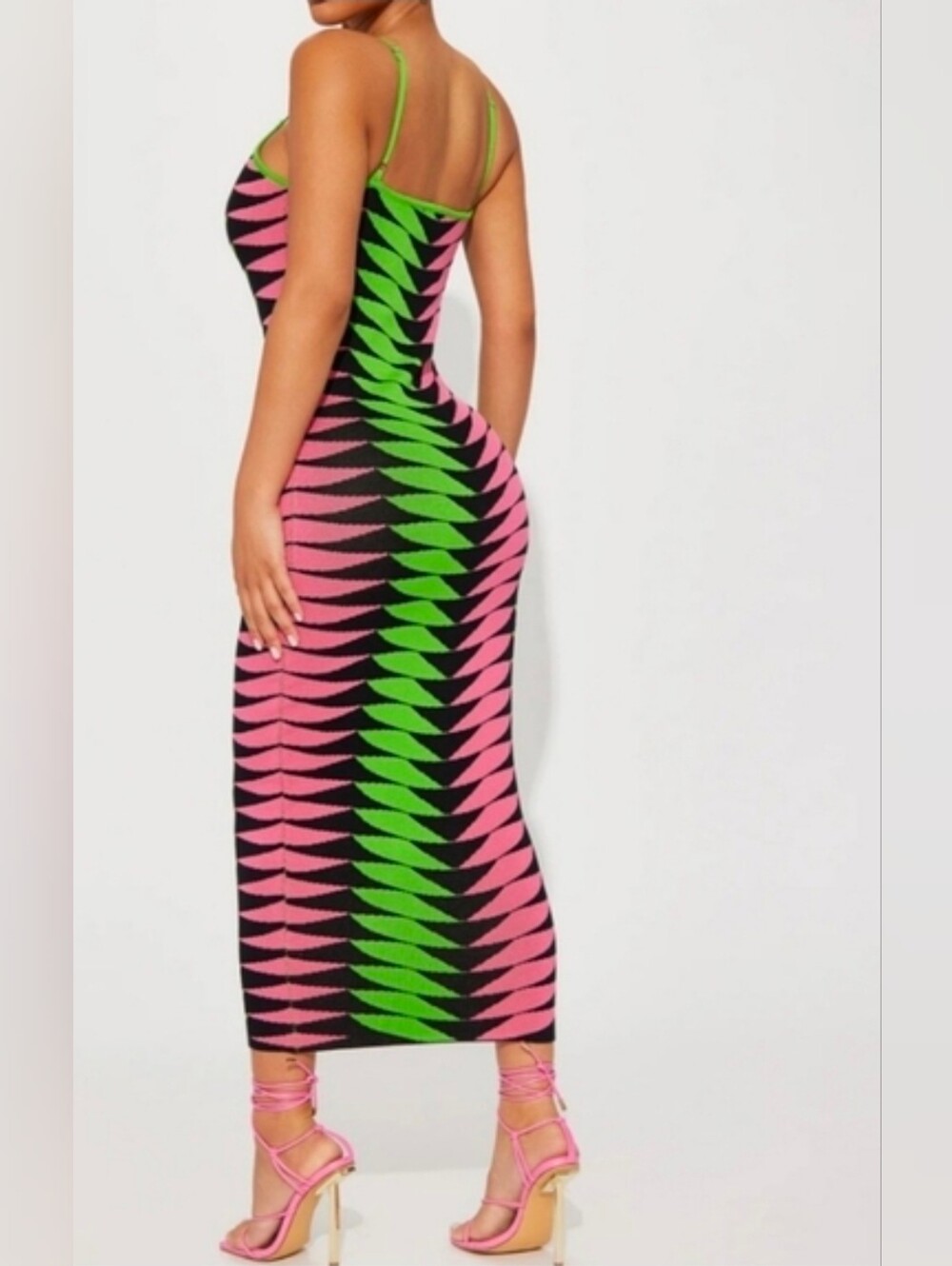 Fashion Nova Pink, Green & Black Geometric Bodycon Midi Dress